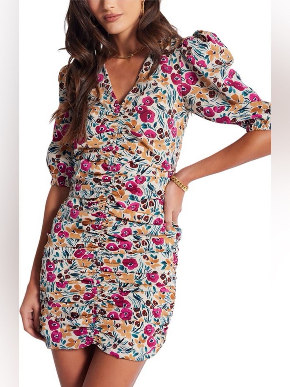 Bishop + Young Carly Floral Puff Sleeve Ruched V-Neck Mini Dress XS NEW